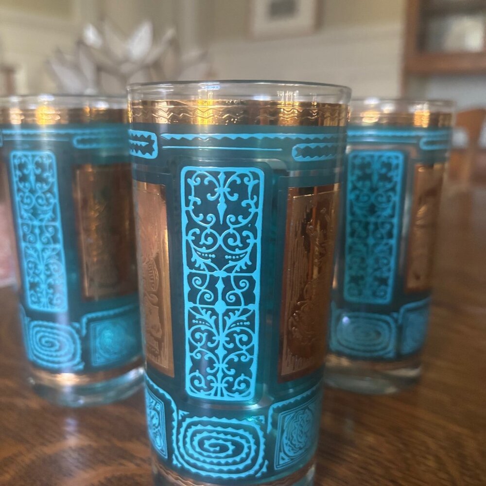 Set of 5 Mid-Century 22K Gold & Turquoise Aztec Tumblers